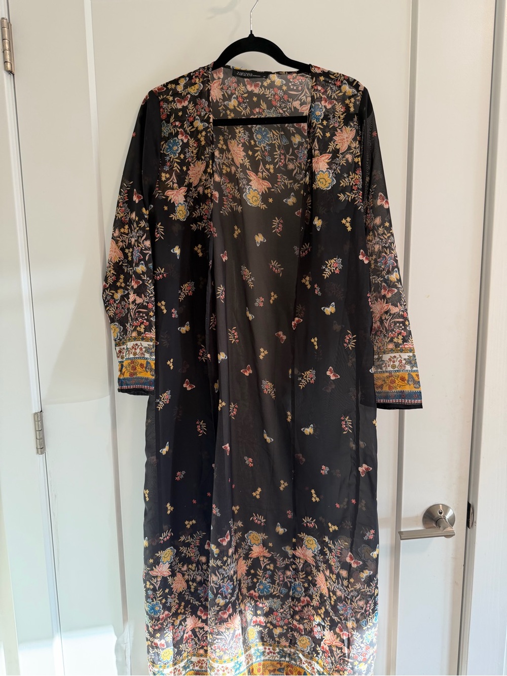 Black Floral Sheer with Butterfly Print Duster Size M